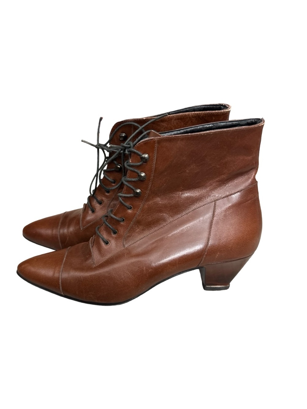 Vintage Brown Leather Lace Up Boots Size 8 Kitten Heel Made In Spain Captoe